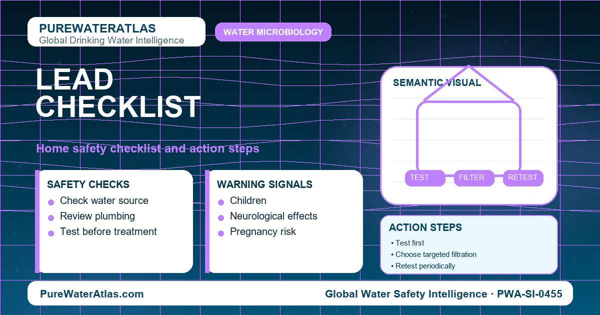 Lead home safety checklist infographic showing water testing