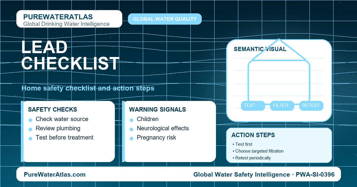 Lead home safety checklist infographic showing water testing