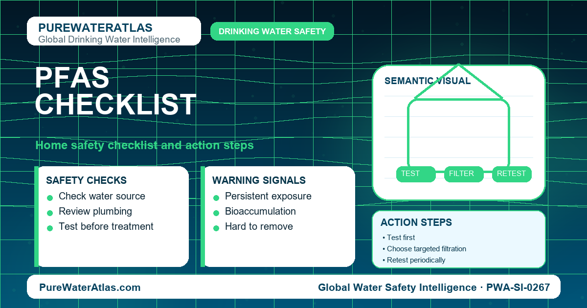 PFAS home safety checklist infographic showing water testing