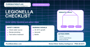 Legionella home safety checklist infographic showing water testing