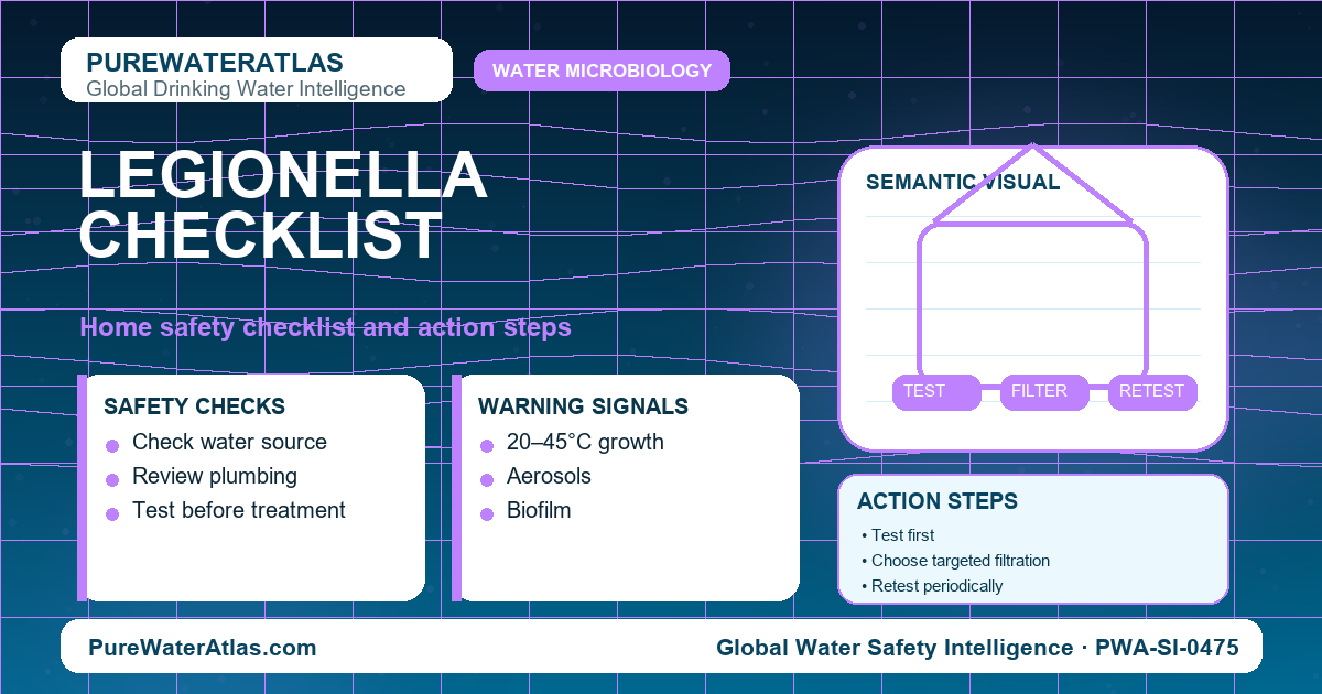 Legionella home safety checklist infographic showing water testing
