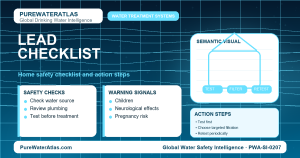 Lead home safety checklist infographic showing water testing