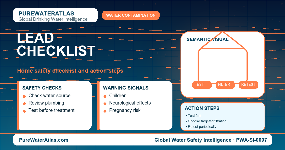 Lead home safety checklist infographic showing water testing