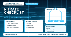 Nitrate home safety checklist infographic showing water testing