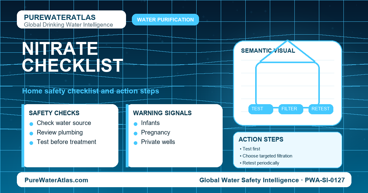 Nitrate home safety checklist infographic showing water testing
