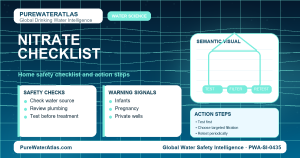 Nitrate home safety checklist infographic showing water testing