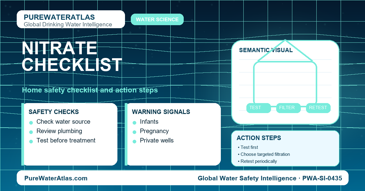 Nitrate home safety checklist infographic showing water testing