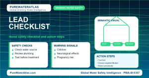 Lead home safety checklist infographic showing water testing