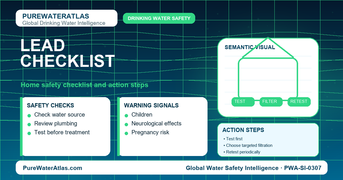 Lead home safety checklist infographic showing water testing
