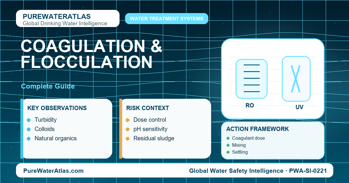 Coagulation and flocculation in water treatment, showing particle destabilization, floc formation and downstream separation